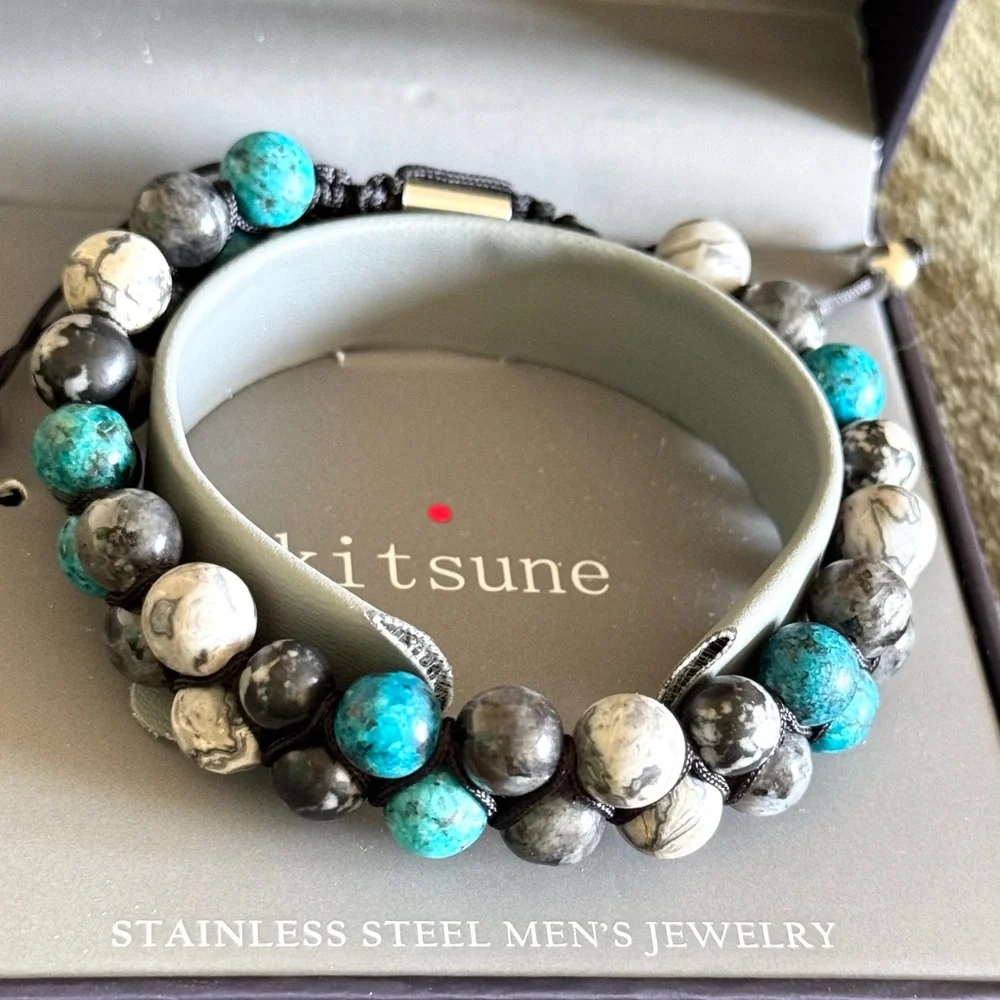 Maison Kitsune Bracelet Black Stainless Steel Stone Beads Boho Men's Jewelry